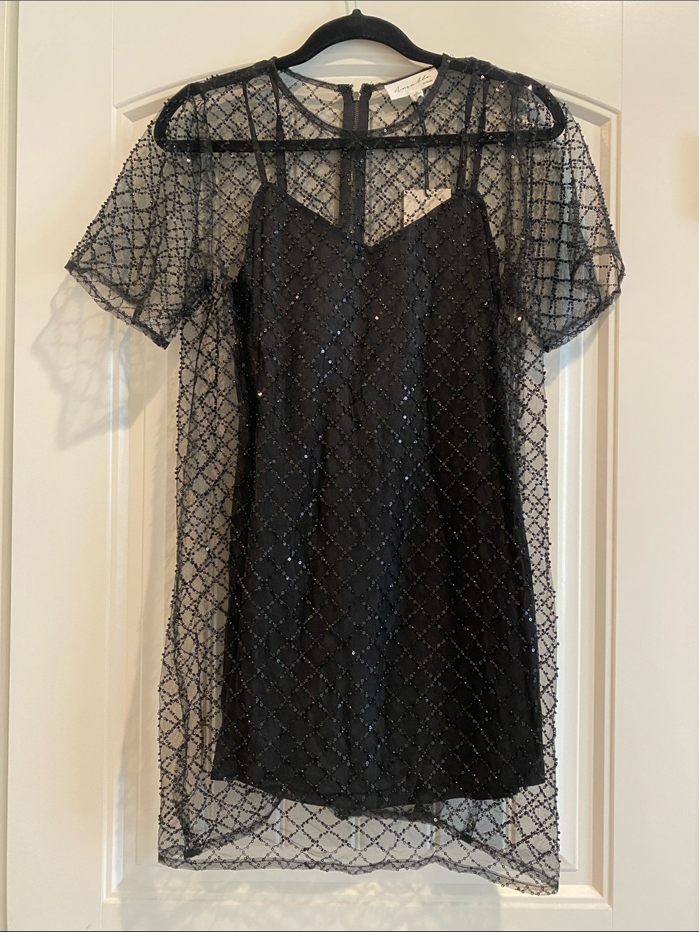 Mable Beaded and Sequins Black Mesh Overlay Mini Dress
